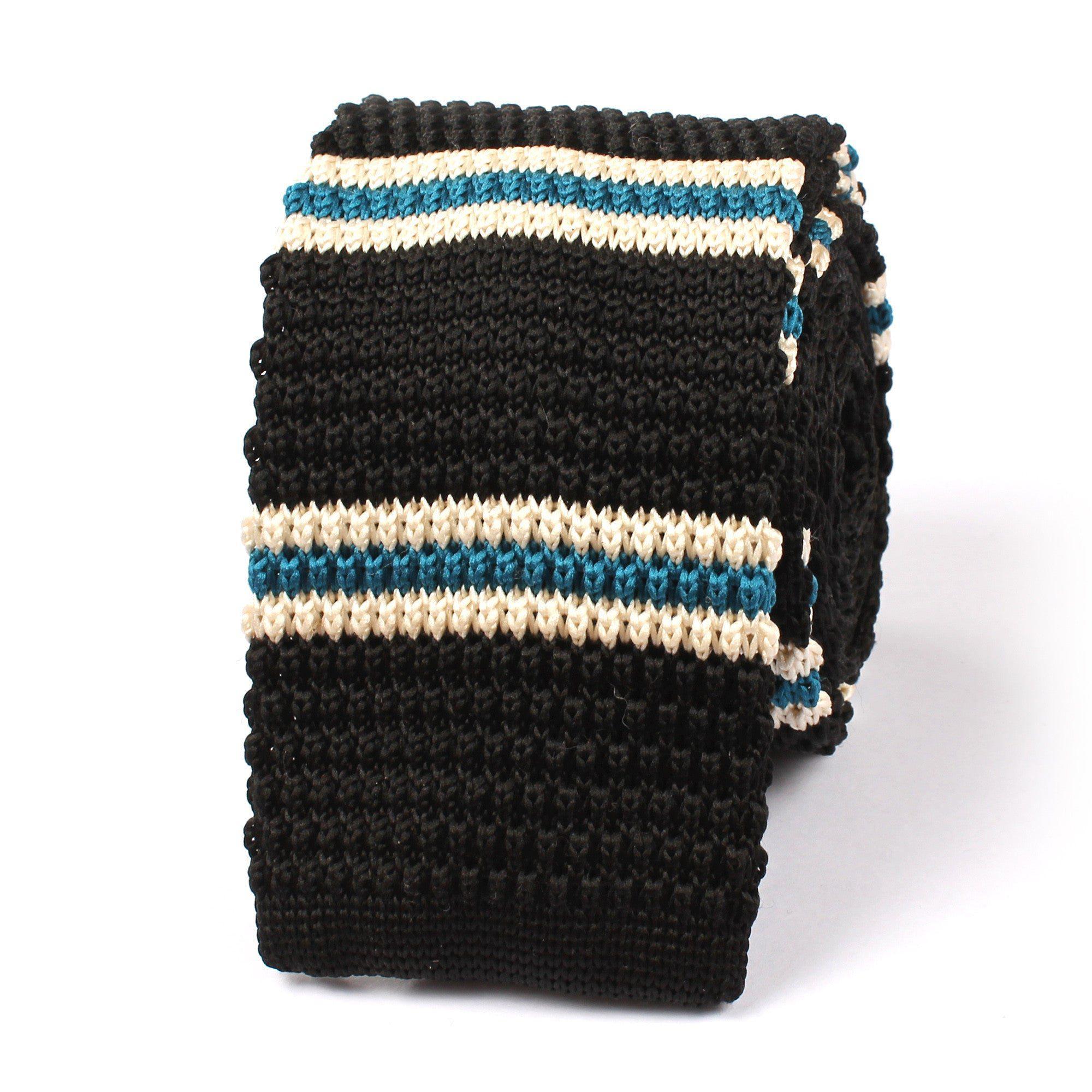 Black_Knitted_Tie_with_White_Blue_Teal_Stripes